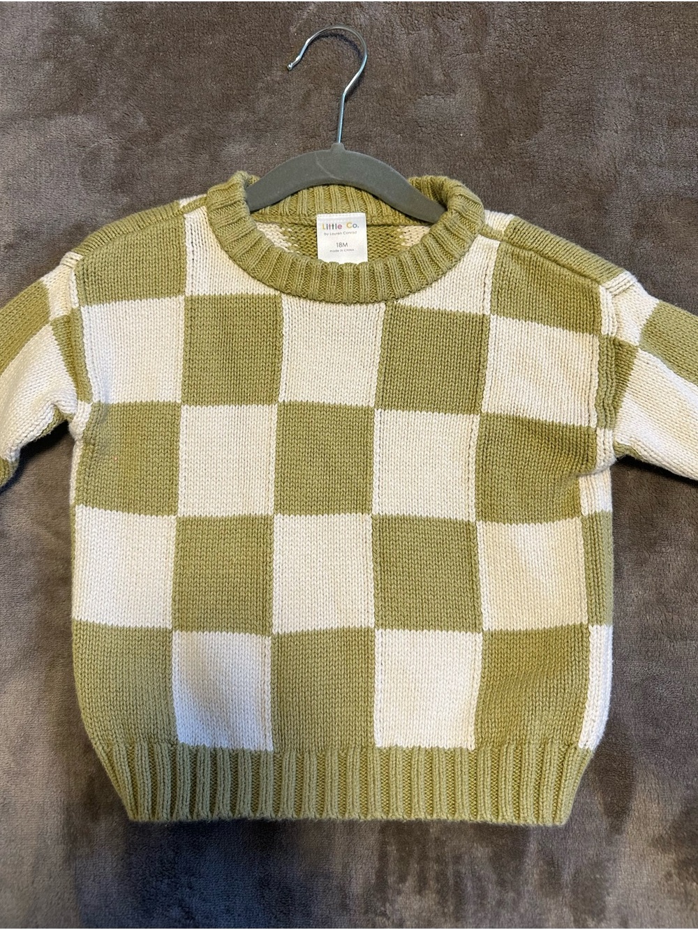 Oversized Little Co Olive and Cream Checkered Knit Sweater - 18M